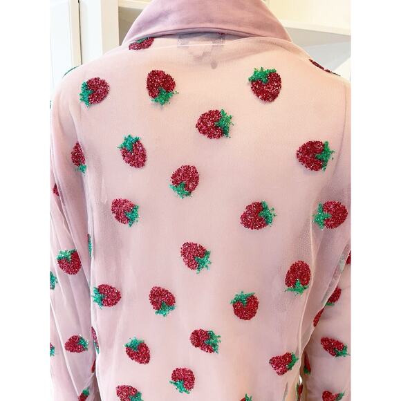 Lirika Matoshi Strawberry Button Down Sheer Shirt Glitter Pink Small - Picture 7 of 11